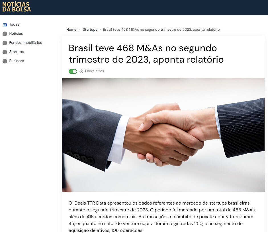 Brasil teve 468 M&As no segundo trimestre de 2023, aponta relatrio